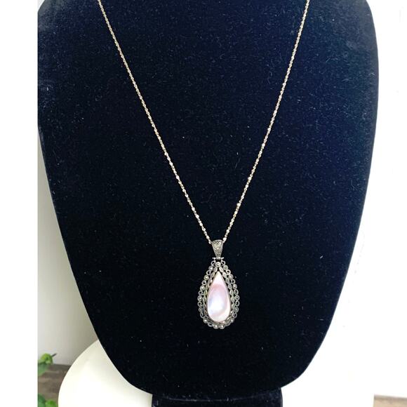 Vintage Sterling Silver Marcasite Teardrop Mother of Pearl Pendant Necklace 925 - Picture 1 of 10